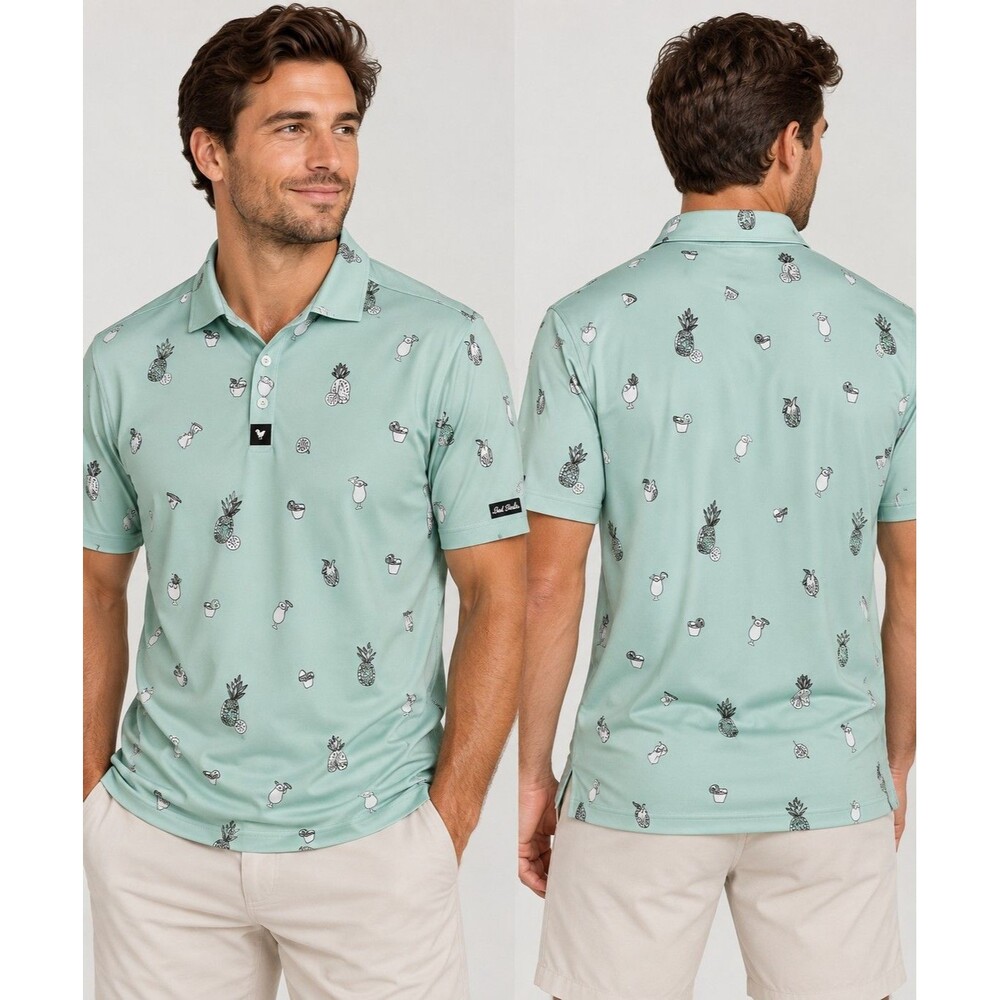 Bad Birdie Golf Polo Men’s Large Mint Green Tropical Pineapple Cocktail Print L